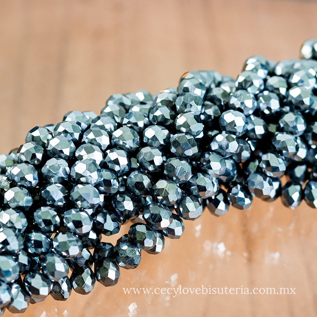 Cristal Rondel Plateado Metálico 8 mm